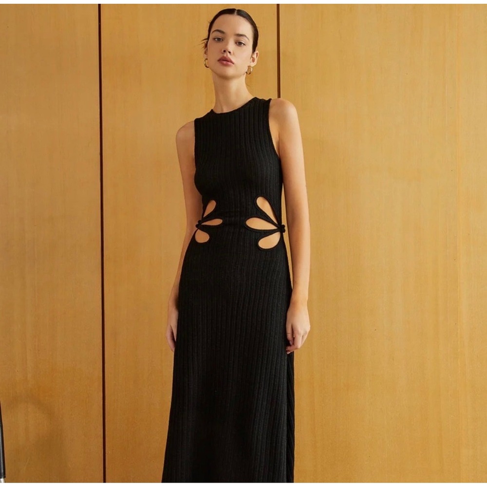 Commense Black Ribbed Mini Dress with Cutout Detail